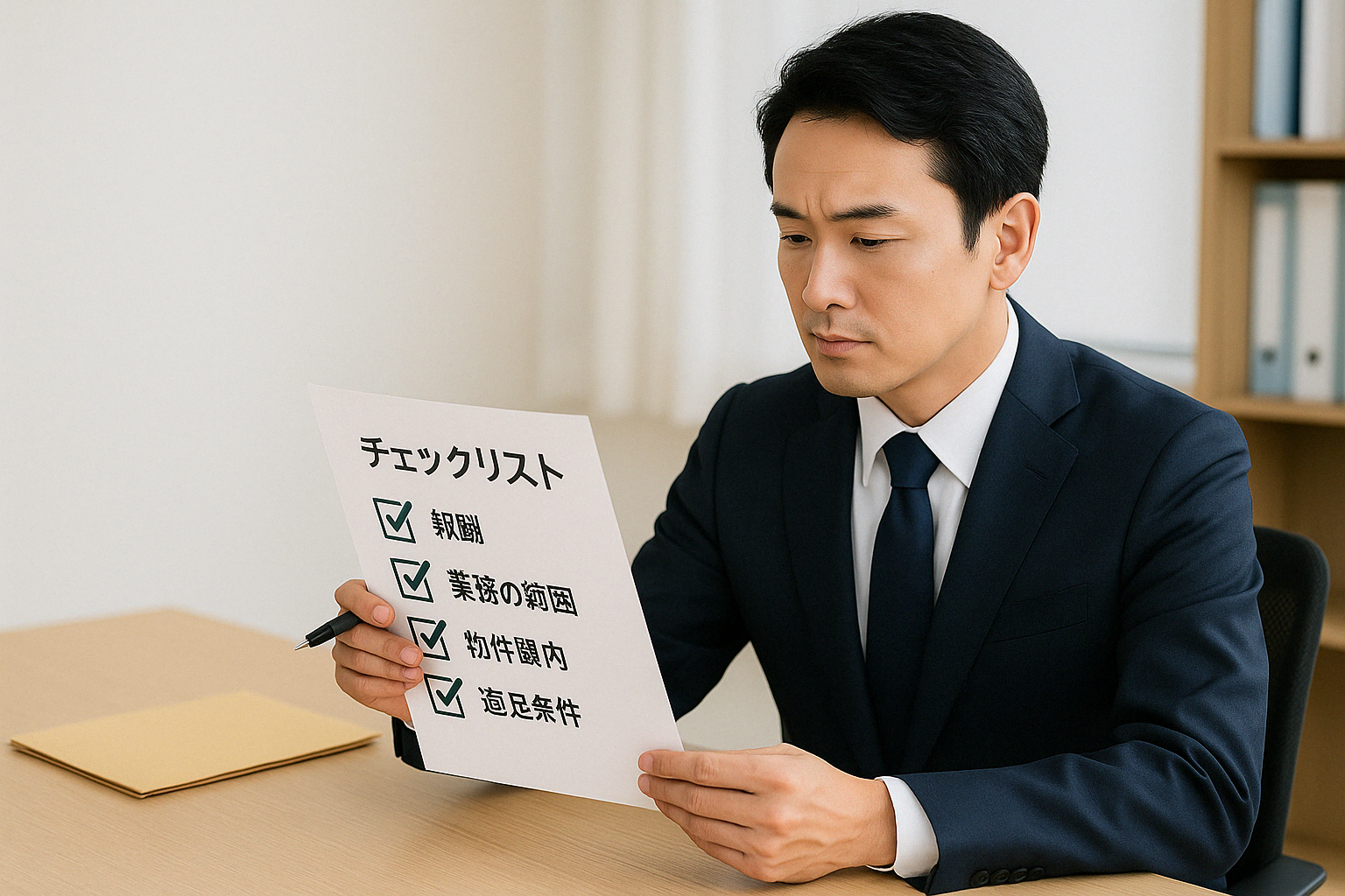 チェックリストを確認する不動産担当者
