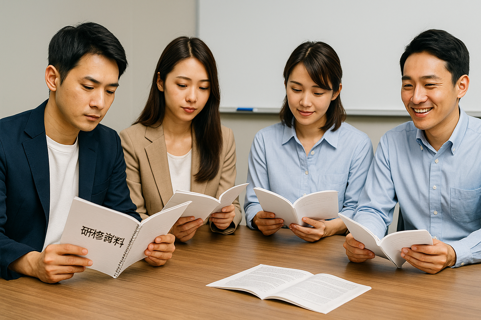 研修資料を読む社員たちの写真