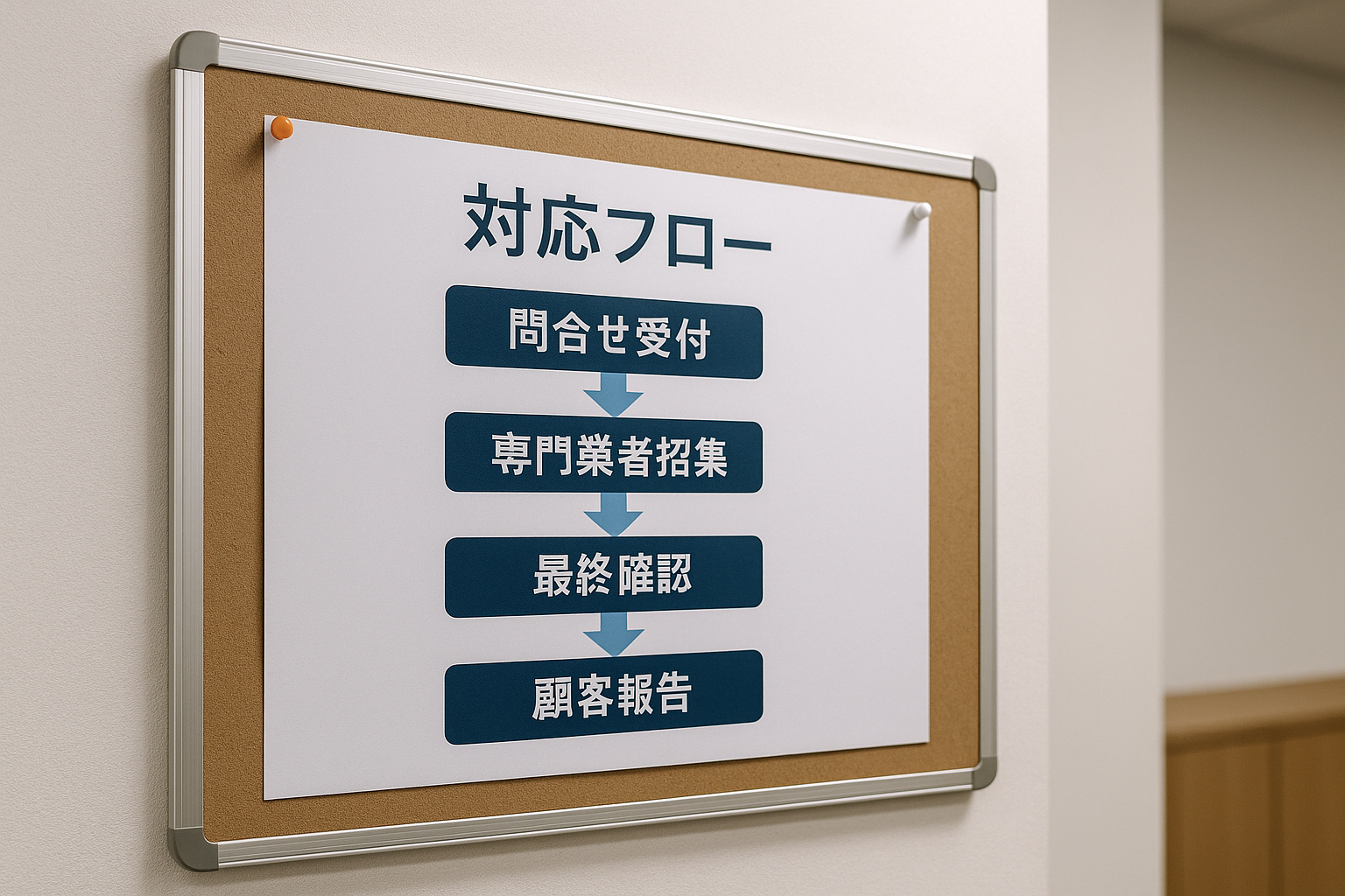 対応フローが貼られた社内掲示板の写真